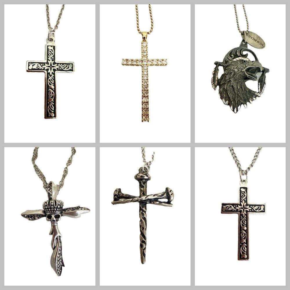 Lot of 6 Men's Cross Eagle Pendant Necklaces Skull Nail Rhinestone Western